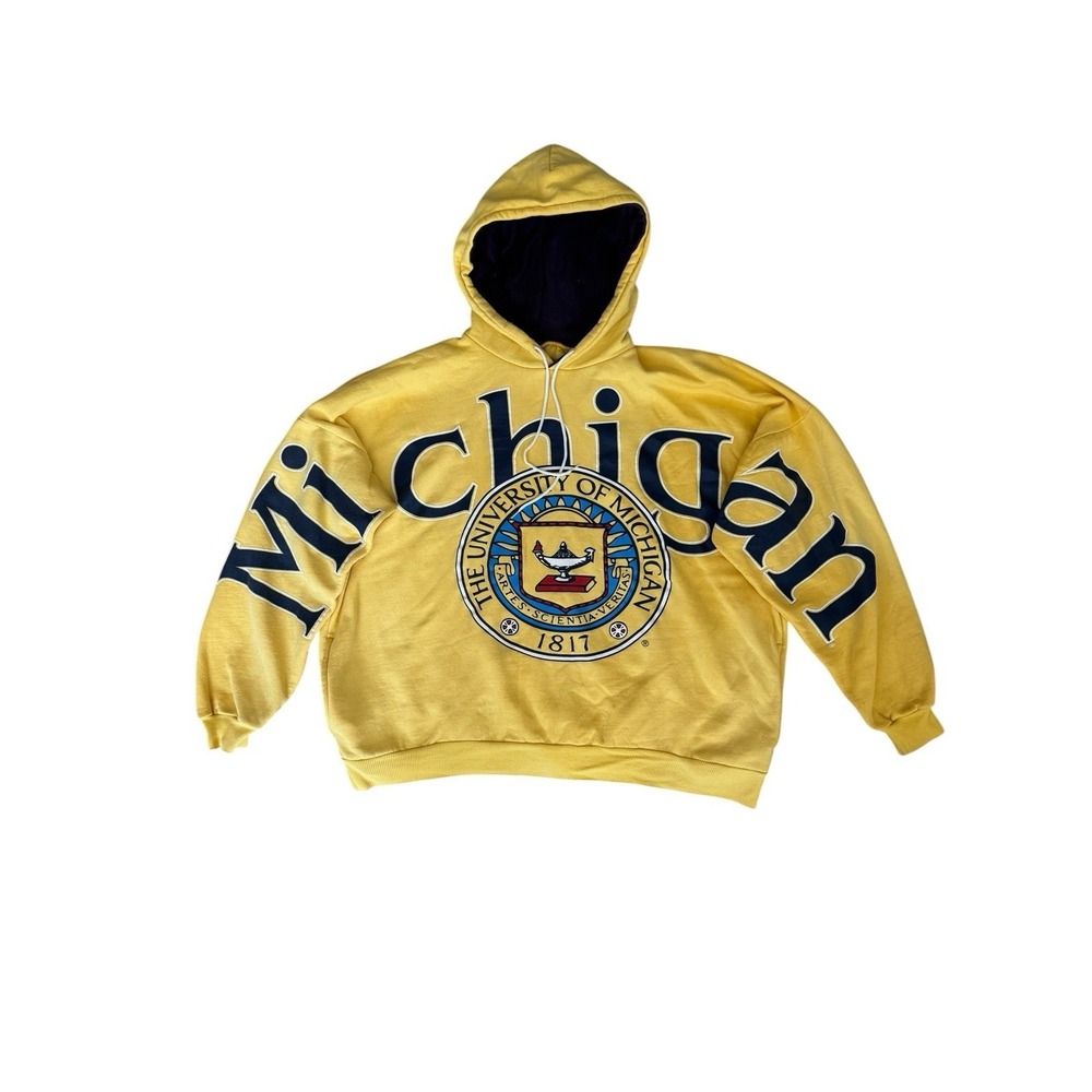 RARE VTG 90s University of Michigan Spellout Hoodie Sweatshirt XXL Yellow FADED